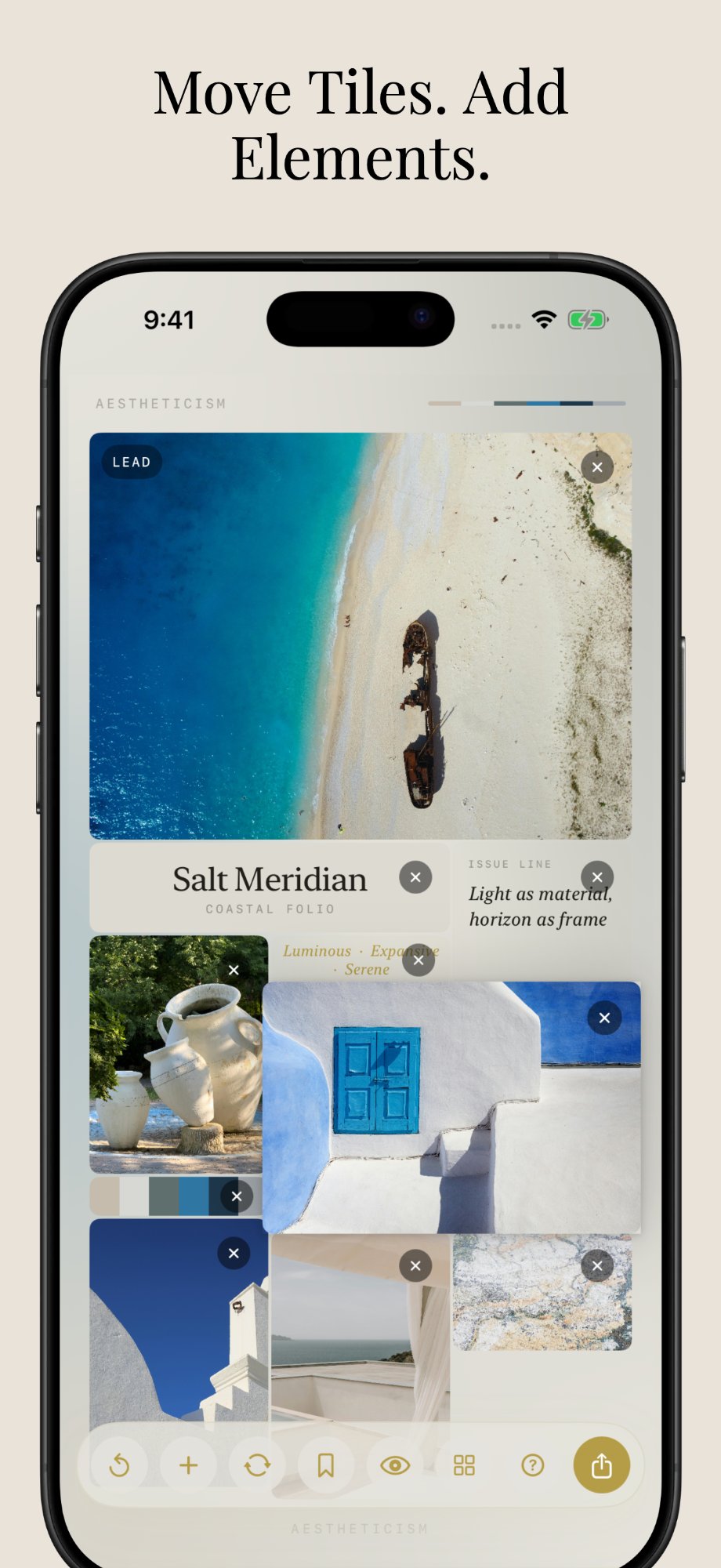 Aestheticism editor with movable image tiles and editorial components