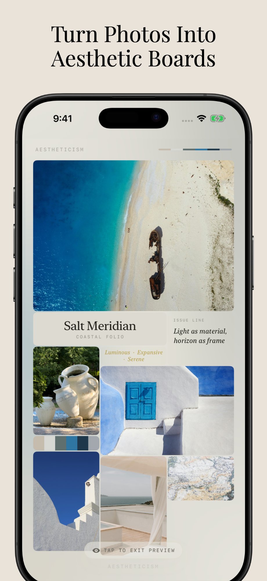 Aestheticism editorial board preview generated from a coastal photo set